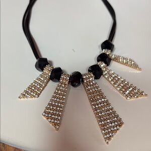 Statement necklace rhinestone danglers wire in triple faux leather wire blk gold